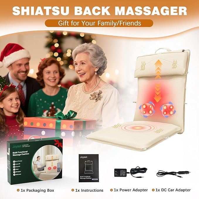 Joyset Shiatsu Neck and Back Massager for ChairRolling Up and Down Back Massager with Heat4D Kneading for Pain Relief Deep TissuePortable Spot Massage Chair Pad Gifts for DadMomFriend