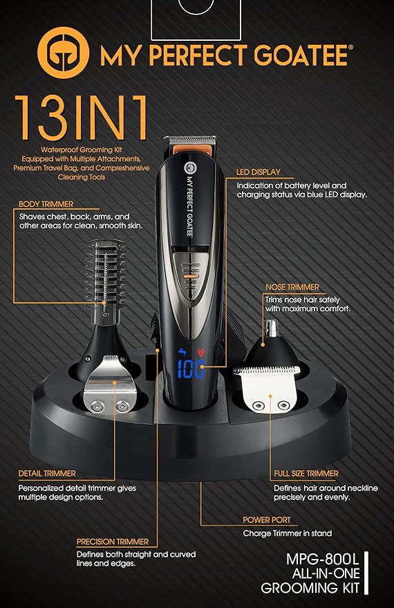 My Perfect Goatee®️ 13-in-1 Mens Grooming Kit - LED Display Beard Trimming Kit with Travel Bag Charging Stand &amp More - Waterproof Cordless Electric Trimmer for Nose Body &amp More – Ideal Gi