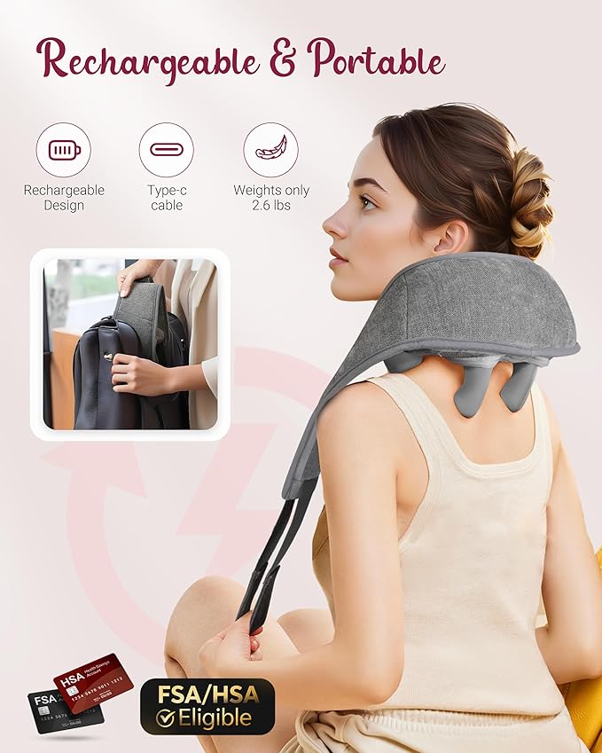 Cordless Neck Massager with Heat - FSA Eligible HSA Neck Shoulder Massager for Pain Relief Deep Tissue6D Deep Kneading Shiatsu Back Massage Gifts for Fathers Men Women