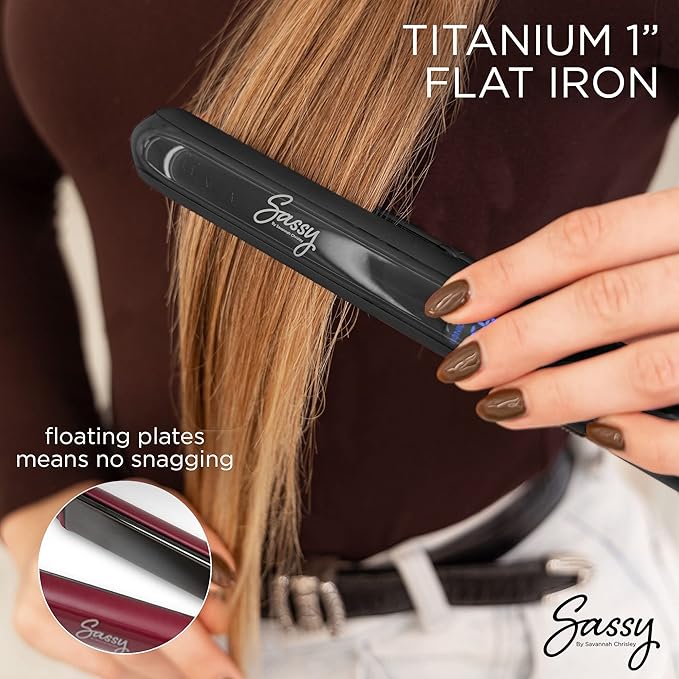 Sassy 1” Titanium Flat Iron Adjustable Heat Hair Straightener with Ion Generator Liquid Crystal Display with 10 Temperature Settings (Black)