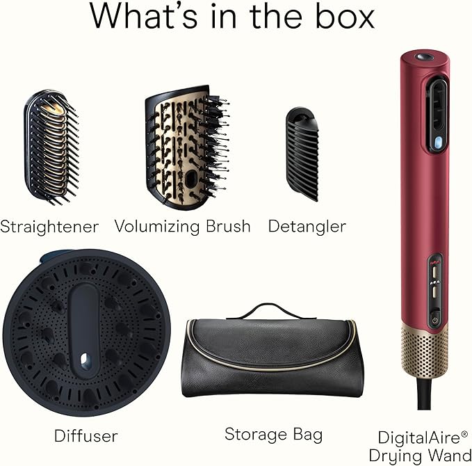 Infiniti PRO CONAIR 5-in-1 Hair Drying Wand Straightener and Styler Ionic All-in-One Digital Motor Blow Dryer Includes 4 High-Performance Attachments Cherry Red