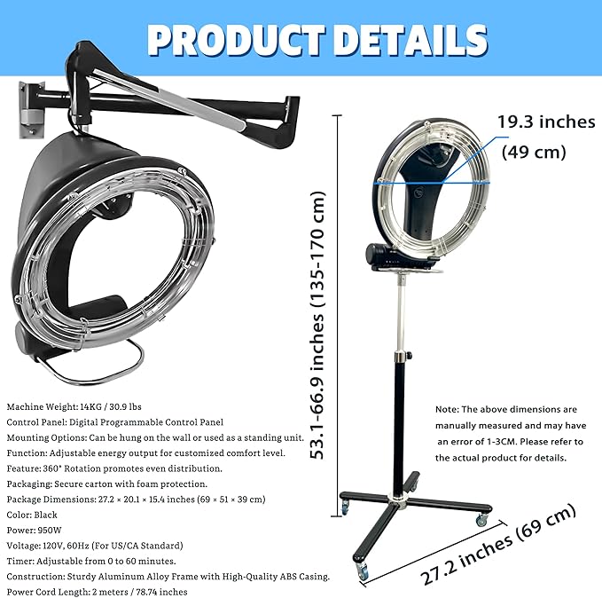 3-in-1 Salon Hair Dryer with LCD Display - 950W/1200W Wall Mountable Hooded Dryer with Adjustable Timer &amp Temperature Control for Hair Coloring Processing and Black Premium Floor-Standing (Versio