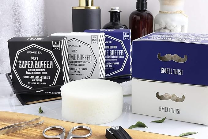 SPONGELLÉ Men’s Supreme Super and Extreme Buffer Set | Dual-Sided Scrubber &amp Body Wash Infused | Deep Cleansing &amp Exfoliating | 20+ Washes