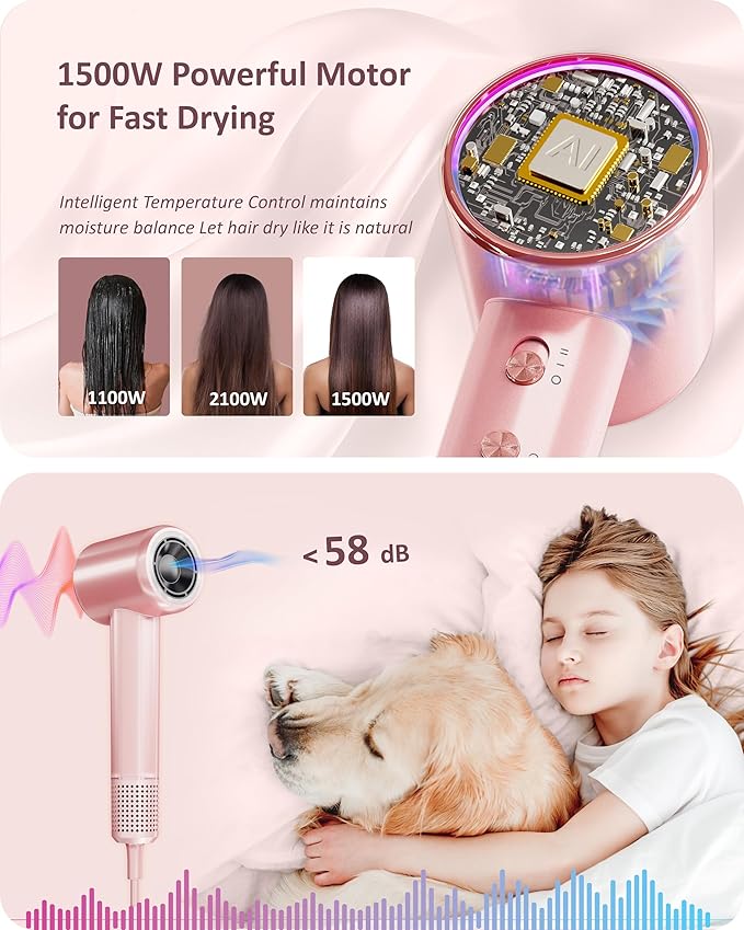 Rudd Hair Dryer with Diffuser High Speed Hair Dryer with Display 110000 RPM Brushless Motor for Fast Drying 200 Million Negative Inoic Low Noise Pink