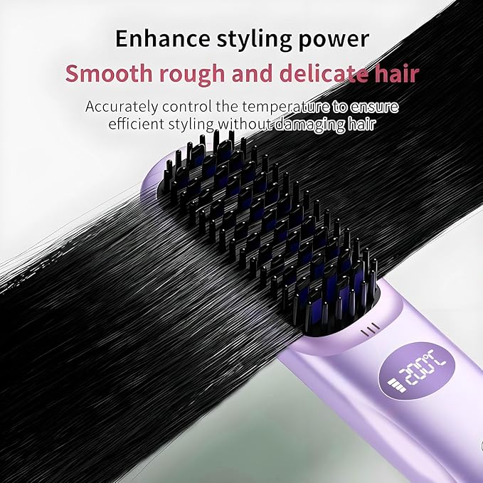 Go Brush Pro Portable Cordless Hair Straightener Brush for Travel Fast Heating Straightening Comb with LCD Display &amp °F/°C Switch Rechargeable Anti-Frizz Styling Tool for Smooth Shiny Hair (Purp