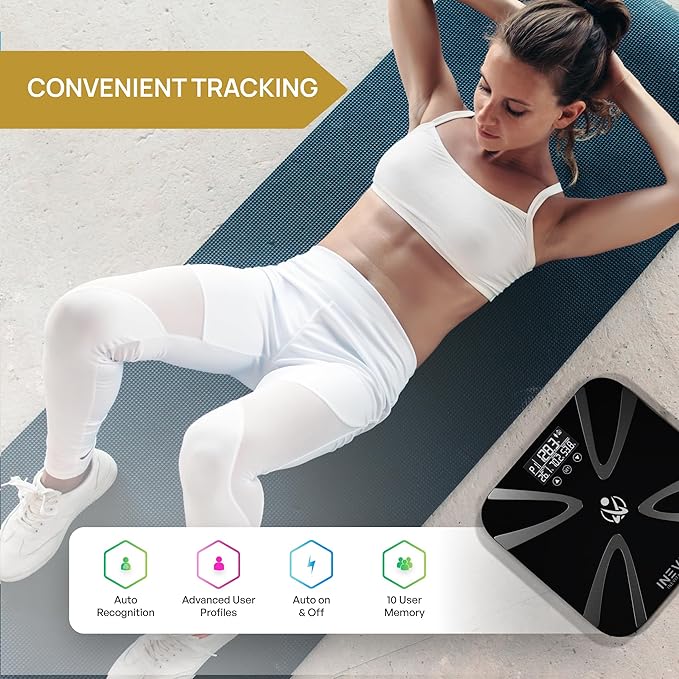 INEVIFIT Body Fat Scale Highly Accurate Digital Bathroom Body Composition Analyzer Measures Weight Body Fat Water Muscle BMI Visceral Levels &amp Bone Mass for 10 Users. Includes Batteries.
