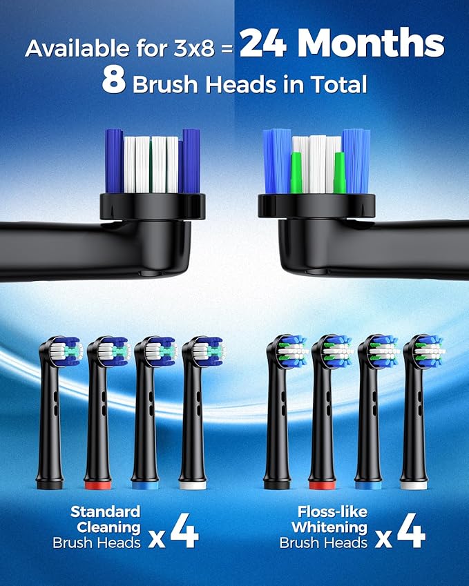TEETHEORY Rotating Electric Toothbrush for Adults with 8 Brush Heads (2 Types) 4 Modes Deep Clean Electric Toothbrush with Rechargeable Power and 2 Min Smart Timer (1- Black with travelcase)