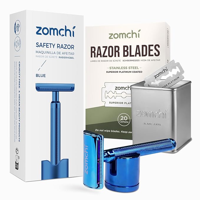 Double Edge Safety Razor with Razor Stand with 100 Counts Safety Razor Blades for Shaving and Razor Blade Bank
