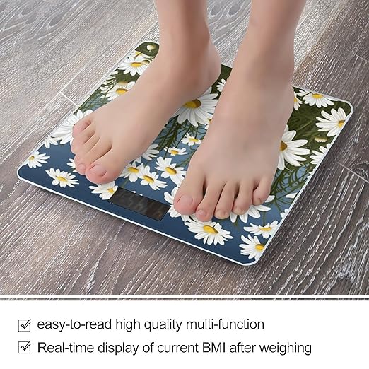 Camomile Pattern Scale for Body Weight Anti-Slip Tempered Glass Digital Bathroom Scales Clear LCD Display Weighing Scale Safe Rounded Corners Smart Scales