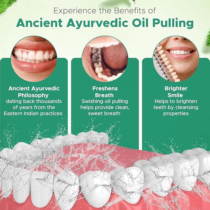 Pack of 3 Ayurvedic Organic Oil Pulling for Teeth and Gums | Refreshing Mint Flavored Oral Rinse Mouthwash | Essential Oils for Bad Breath | Teeth Whitening Pulling Oil &amp Gum Care Mouthwash-8 FL O