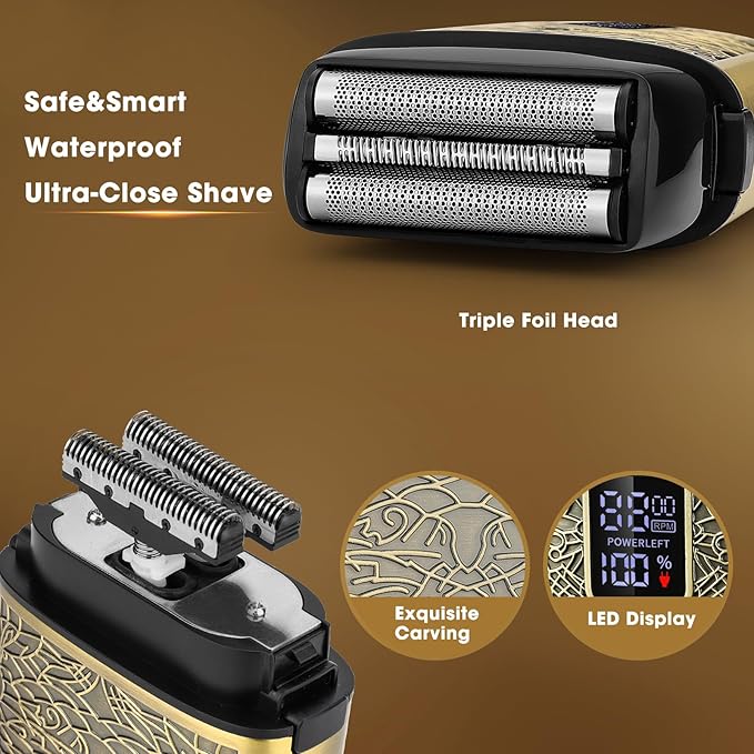 Electric Shavers for MenPowerful Motor Electric RazorHead Shavers for Bald MenTriple Foil Beard TrimmerBarber Supplies LED Displays &amp USB Charging Waterproof Shaver Gifts