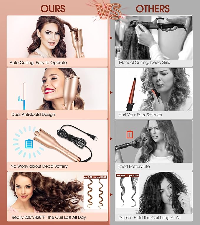 Automatic Curling Iron Professional Automatic Hair Curler with 1 Curling Wand Large Slot &amp 4 Temperature &amp 3 Timer Dual Voltage Anti-Tangle Rotating Curling Iron with Auto Shut-Off for Hair