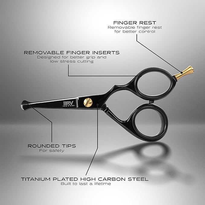 BRV MEN Facial Scissors and Beard Brush Kit | 4.2 High Carbon Stainless Steel Trim Scissors &amp First-Cut Boar Hair Brush