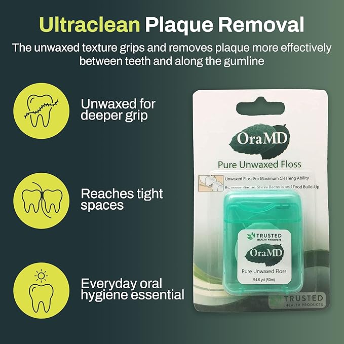 OraMD Oral Care Pure Unwaxed Dental Floss 54.6 Yards - PFAS-Free Chemical Free Shred Resistant - Unscented and Ultraclean Plaque Removal - Teeth and Gum Protection for Adults - Pack of 6