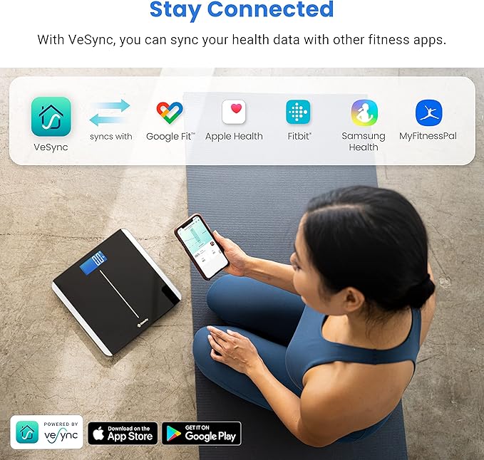 Etekcity Smart Scale for Body Weight and BMI Bathroom Digital Electronic Weighing Scale for People Bluetooth Free VeSync APP Connection Rounded Corner Accurate to 0.1lb/0.05kg 400 lbs Black