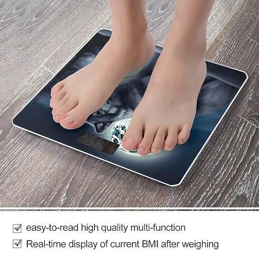 Wolf Under Moon Bathroom Scale Automatic Power On/Off Body Scales LCD Backlight Display Square Digital Scale Rounded Corners Bathroom Scales for Home Bedrooms