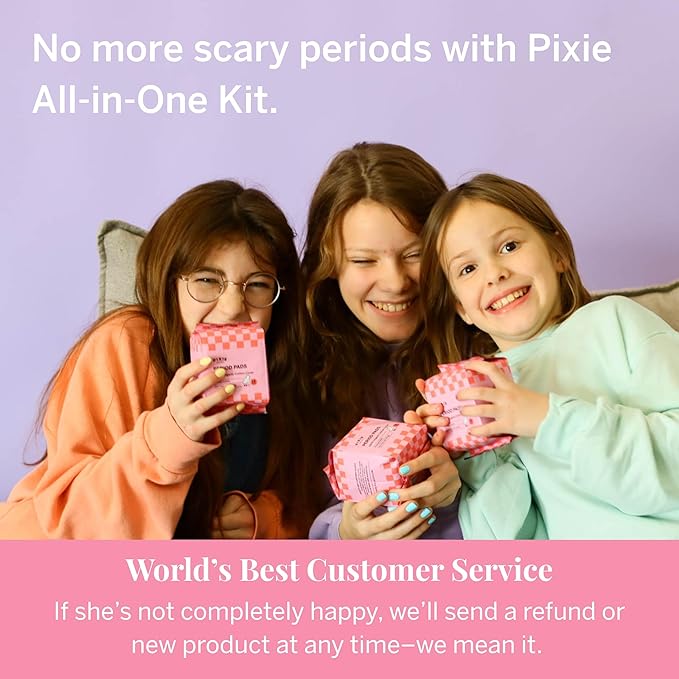 Pixie Organic Cotton Pad Kit for Girls – 64ct Mini &amp 48ct Regular Pads with Wipes – Leak-Proof with Wings – Perfect for Teens &amp Light to Average Flow