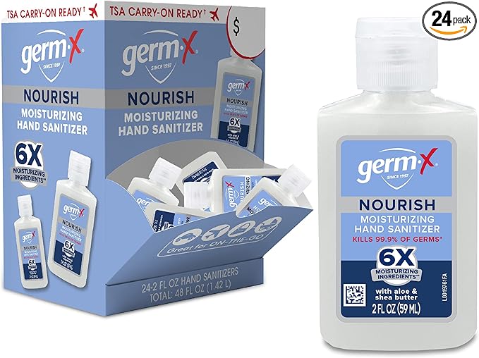 Germ-X Nourish Hand Sanitizer 2 Fl Oz (Pack of 24) 2-in-1 Moisturizing and Sanitizing Formula with Shea Butter Vitamin E &amp Aloe Non-Greasy Mini Travel Size for On-The-Go Fresh Scent