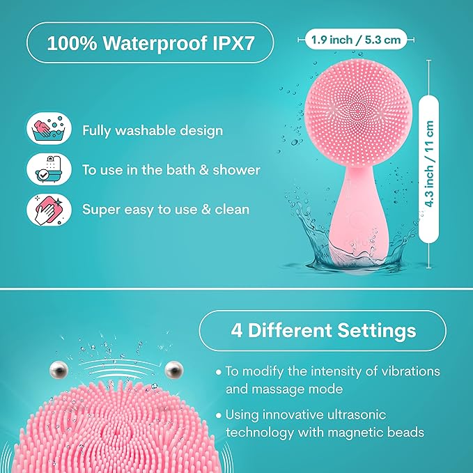 Silicon Facial Cleansing Brush - Electric Rechargeable Waterproof IPX7 - Rotating Magnetic Beads - 4 Function Modes - Face Massage for Deep Cleaning - Magnetic Charging Base - Ergonomic Handle