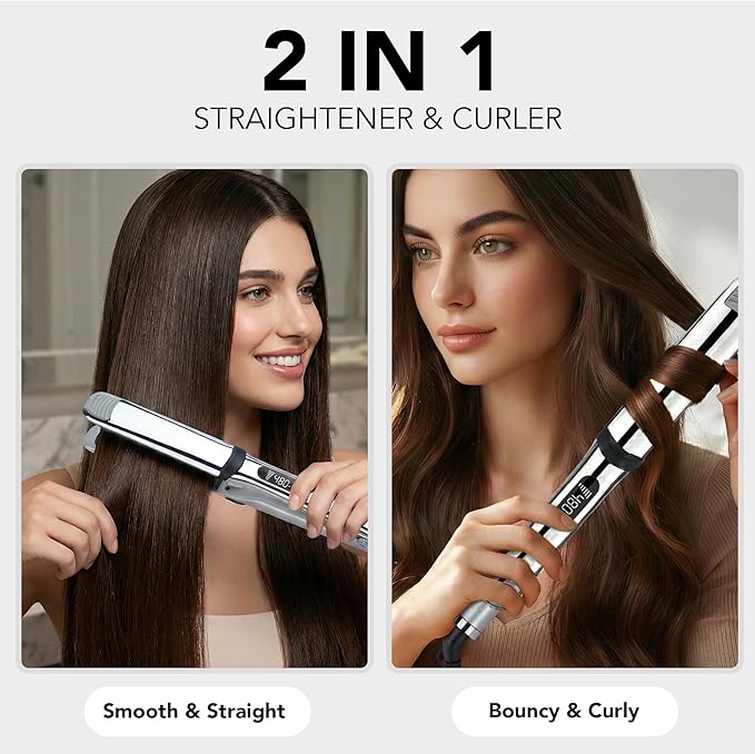 Professional Titanium Flat Iron 1 1/4 Floating Plates 2-in-1 Hair Straightener &amp Curler 10 Temps up to 480°F Negative Ion Dual Voltage Fast Heating Hair Tool – Gray