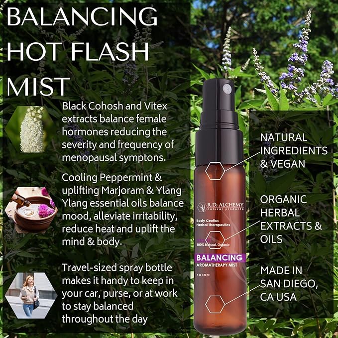 RD Alchemy - Natural &amp Organic Menopause Balancing Hot Flash Mist - Botanical Cooling Spray with Black Cohosh Vitex Marjoram and Ylang Ylang Help Soothe Refresh &amp Restore Comfort.