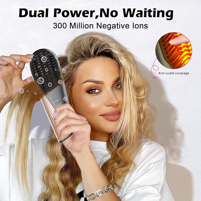 Cordless Hair Straightener Brush: Portable Straightening Brush for Travel - 10000mAh USB-C Rechargeable 30s Quick Heating150 Million Negative Ions Heated Straightening Comb for Women