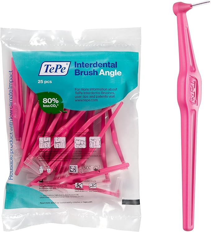 TePe Interdental Brush Angle Angled Dental Brush for Teeth Cleaning Pack of 25 0.40 mm Extra-Small/Small Gaps Pink Size 0