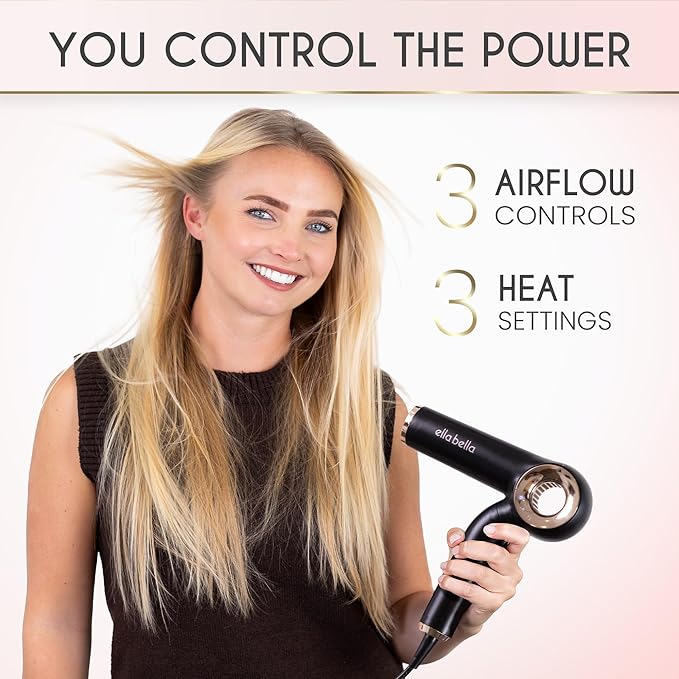 ELLA BELLA® Professional Ionic Hair Dryer (Foldable) • Negative Ion Blow Dryer • Perfect for Travel • Intelligent Heat Control &amp Rapid Drying Speeds • Lightweight Design • Low Noise Technology