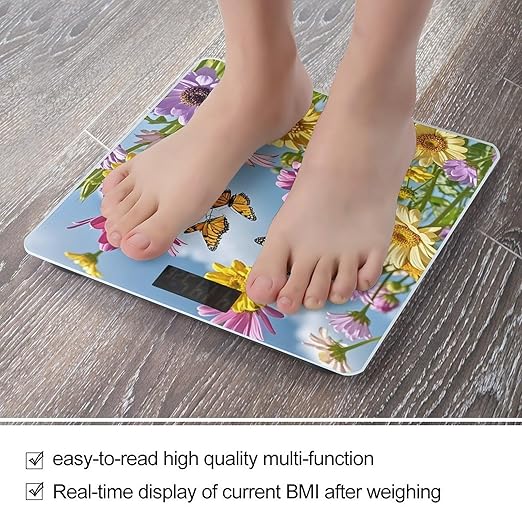 Flowers and Butterflies Scale for Body Weight Highly Accurate Digital Bathroom Body Scale Digital Bathroom Scales for People Anti-Slip Large LCD Display Smart Scales