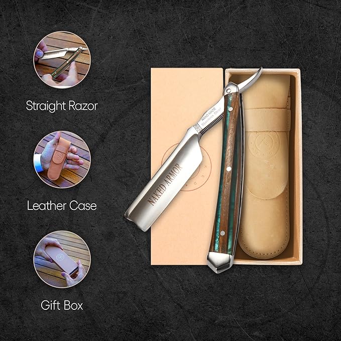Naked Armor Safir Straight Razor for Men — Shave Ready 7/8 Barber's Notch Japanese Stainless Steel Straight Edge Razor Sandalwood Scale Beard Shaping Leather Case &amp Gift Box Included