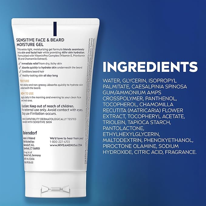 NIVEA MEN Sensitive Face and Beard Moisture Gel Gentle Face and Beard Moisturizer for Men Instantly Hydrates Skin and Conditions Beards 1.7 Fl Oz Tube Pack of 3