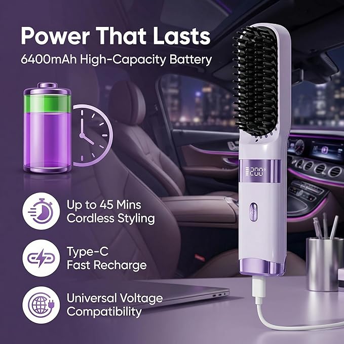 Cordless Hair Straightening Brush Portable USB Rechargeable Travel Straightener Comb with 30s Fast Heat LCD Display Dual Power Sources