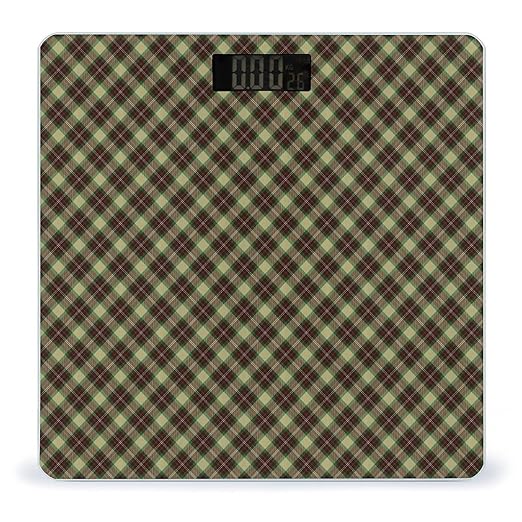 Yellow-Green Scottish Plaid Digital Bathroom Scale for Body Weight Lighted LCD Display Round Corner