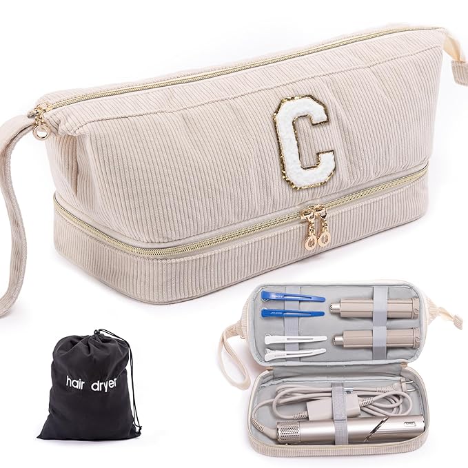Initial Personalized Hair Dryer CaseDouble-Layer Hair Tools Travel Carrying Case for Shark FlexStyle/SmoothStyle with Hair Dryer Bag - Hair Air Wrap Dryer Case Flat Curling Iron Travel Organizer