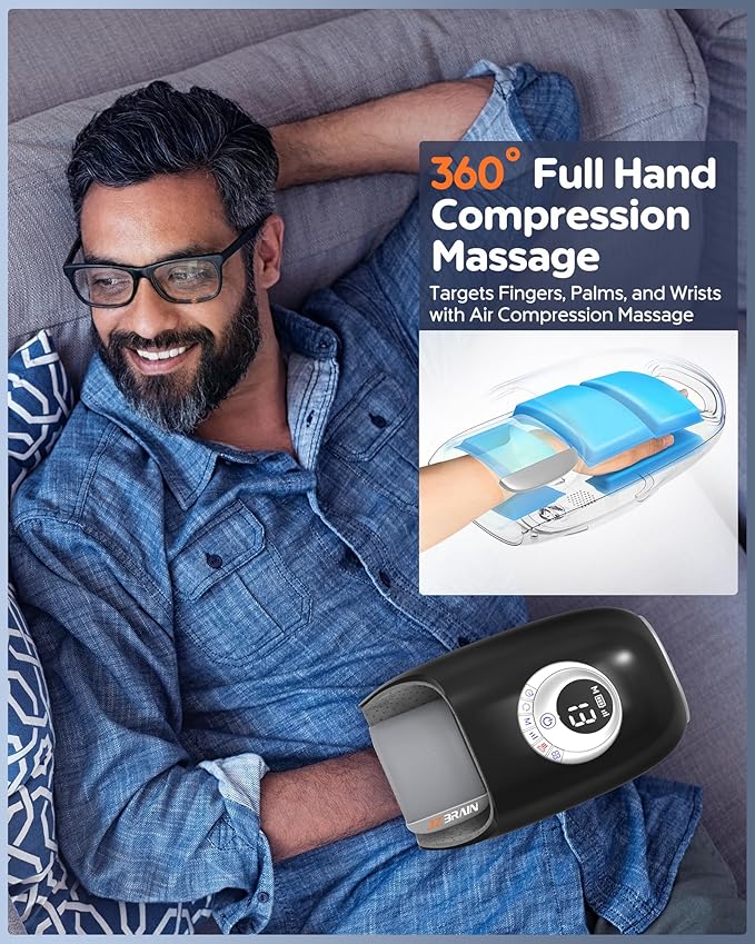 Hand Massager with Heat and Compression : Full Hand and Wrist Massage with Palm Kneading Rollers - Gifts for Arthritis Pain Relief Relaxation &amp Circulation - HSA or FSA Eligible