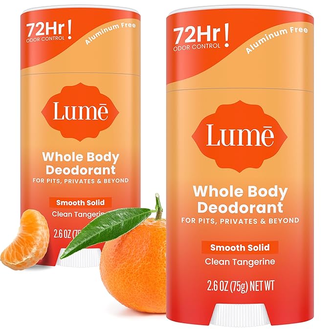 Lume Whole Body Deodorant - Smooth Solid Stick - 72 Hour Odor Control - Aluminum Free Baking Soda Free and Skin Safe - 2.6 Ounce (Pack of 2) (Clean Tangerine)