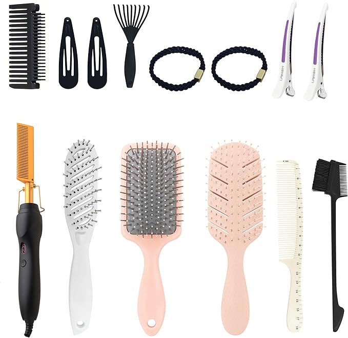 15-Piece Hair Straightening Kit with Hot Comb Hair Press Brushes and Styling Accessories