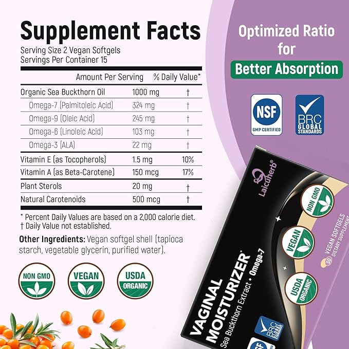 Vaginal Moisture Oral Soft Gel Capsules for Dryness &amp Moisture Organic Sea Buckthorn Oil Capsules Nourishing Wetness &amp Hydration USDA-Certified Women Sea Buckthorn Vaginal Moisturizer Omega