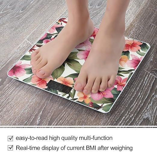 Hawaiian Flower Print Smart Scale for Body Weight Accurate Bathroom Scale with LED Display Digital Weight Scales Weighing Machine High Precision Scales for Bath Home