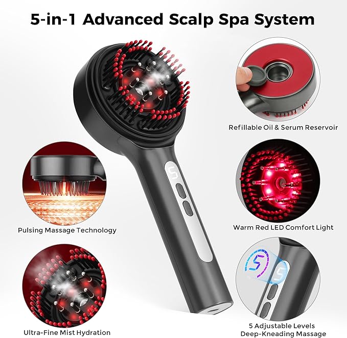Electric Scalp Massager 5 in 1 Refillable Oil Reservoir and Mist 3 Step At Home Scalp Spa Device 3D Deep Kneading Massage USB C Rechargeable Portable for Home and Travel