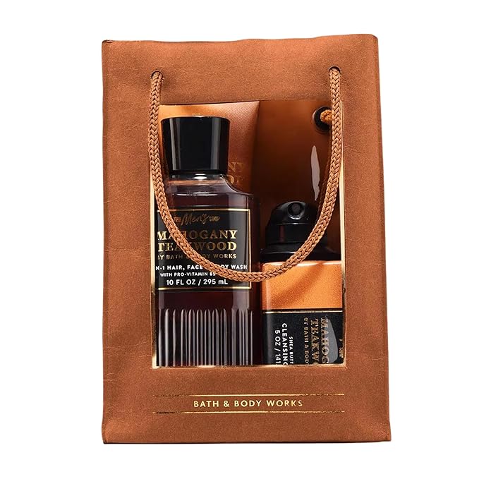Bath &amp Body Works Men's Gift Set Mahogany Teakwood Scent – with Body Wash Bar Soap Moisturizing Cream Body Spray Men’s Grooming Collection for Gifting or Everyday Use - 1 Pack