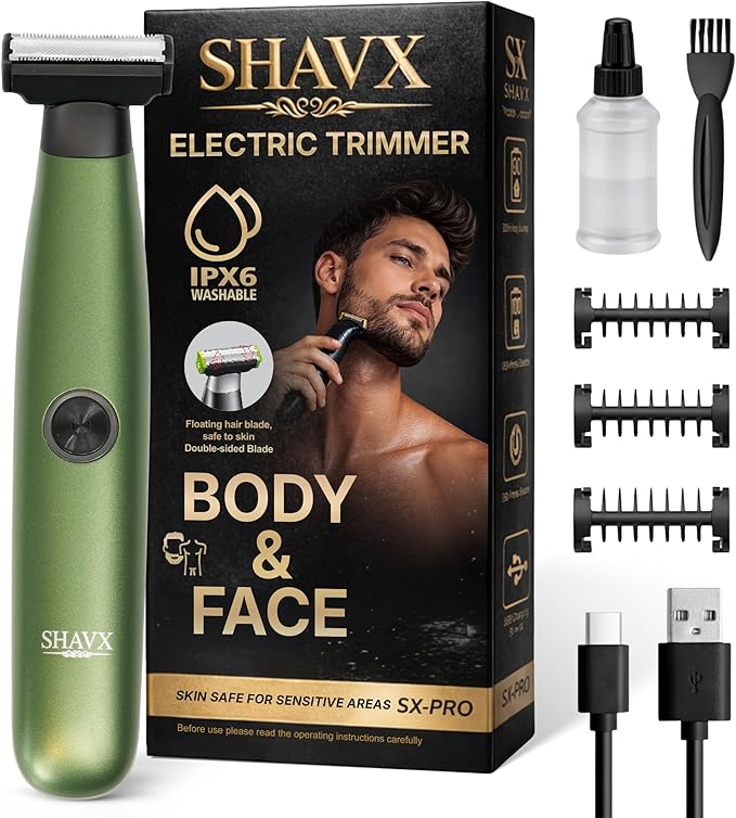 Electric Body Hair Trimmer &amp Beard Shaver for Men – Pubic &amp Groin Hair Ball Groomer – Skin-Safe for Sensitive Areas Chest &amp Legs – Dual Blade Wet/Dry IPX6 Waterproof Rechargeable with 3