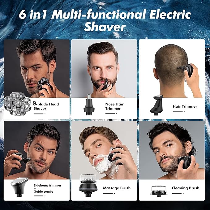 Head Shavers for Bald Men 9D Shaver for Bald Men 6-in-1 with Nose/Body Trimmer Floating Head Electric Shaver Wet/Dry LED Display Mens Grooming Kit