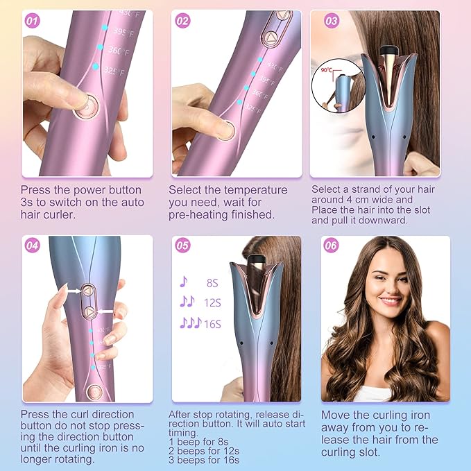 Automatic Hair Curler Hair Curler with 3 Temps Up to 430℉ &amp Dual Voltage 1 Larger Rotating Barrel Automatic Curling Iron Auto Shut-Off Rotating Curling Iron for Hair Styling