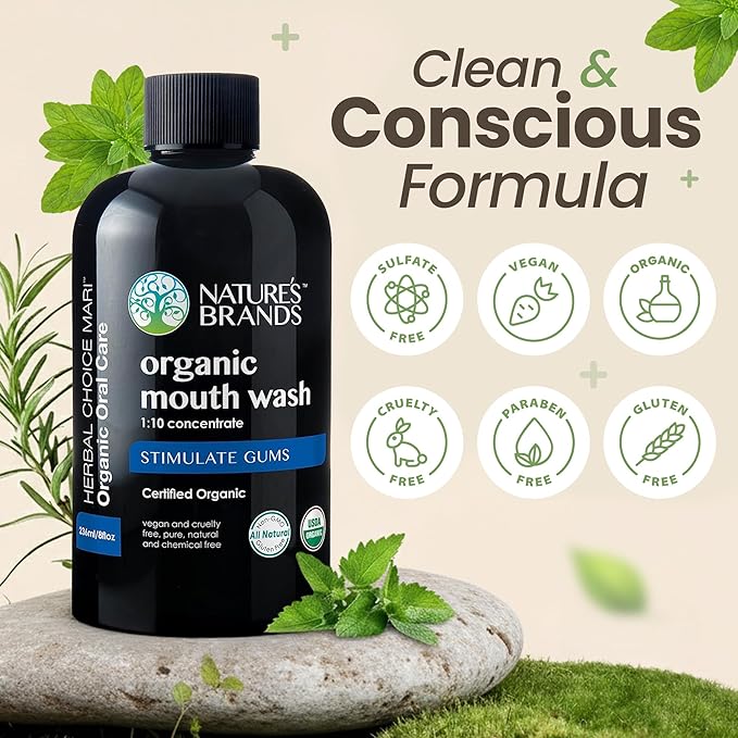 Nature's Brands - Herbal Choice Mari Organic Mouth Wash 8 Oz Peppermint Flavor - Tea Tree Thyme &amp Fennel Oils for Fresh Breath &amp Healthy Gums - 1:10 Concentrated Mouthwash in BPA-Free Bottl