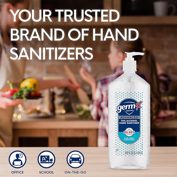 Germ-X Advanced Hand Sanitizer Less Drying Moisturizing Clear Gel No Rinse Formula Large Family Size Pump Bottle 34 Fl Oz (1 Liter) (Pack of 4)