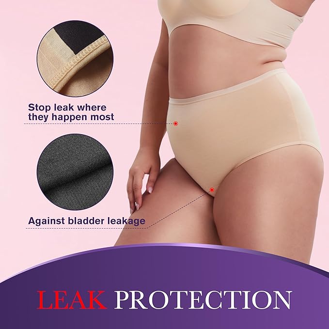 Women Leak Proof Incontinence Underwear Washable Absorbency Protective Postpartum Panties 2.0 OZ Bladder Control 3 Pack (1 Black-2 Beige 2XL)