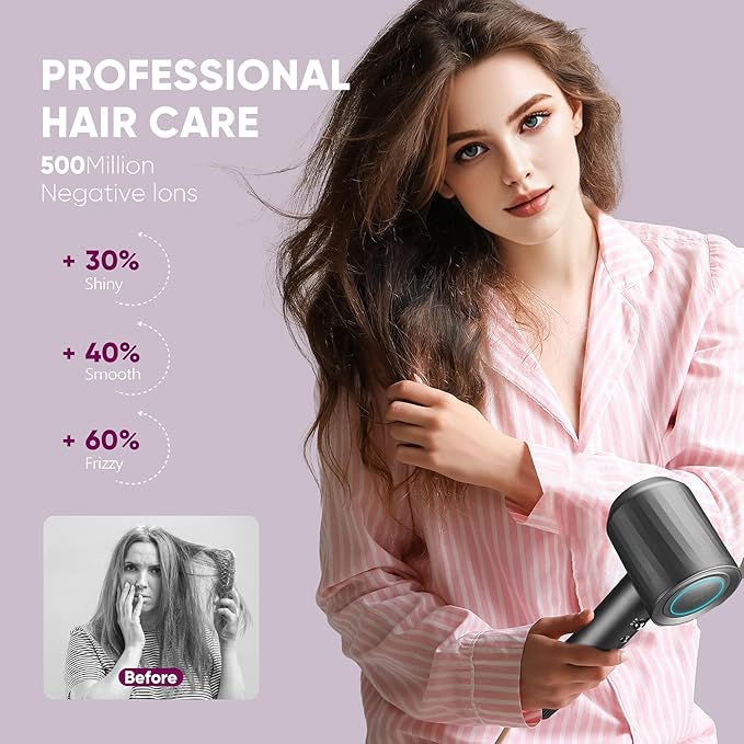 Professional High-Speed Hair Dryer 110000 RPM Fast Drying with 500M Negative Ions Salon-Grade Low Noise Thermo-Control Includes Magnetic Diffuser &amp Nozzle (for Home&ampTravel)-Black
