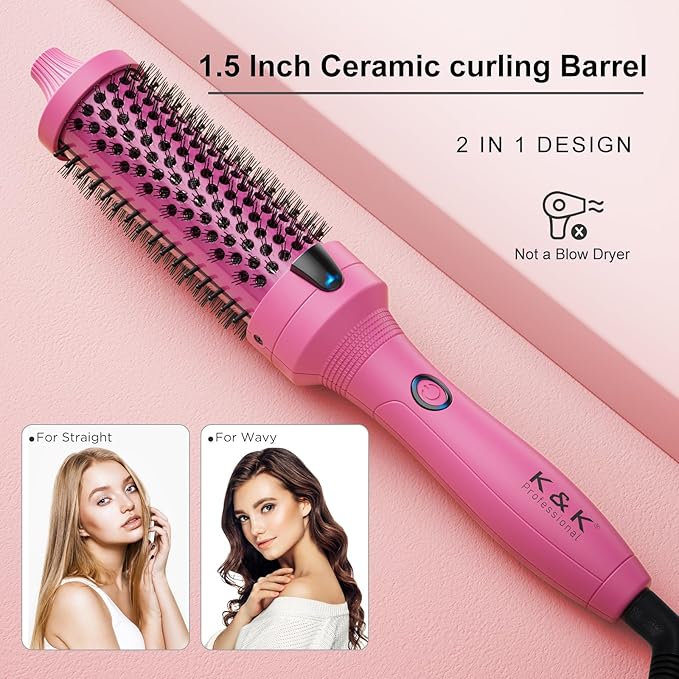 K&ampK Thermal Brush 1.5 Inch Ionic Heated Round Brush Professional Heated Ceramic Tourmaline Coating Curling Iron Hot Styling Volumizing Tool Dual Voltage Pink