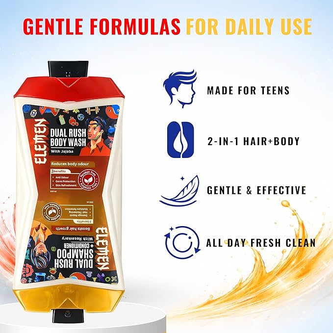 Elemen Dual Rush Flip Duo Bottle 500ml | Body Wash + Shampoo &amp Conditioner for Men | Daily Cleansing Body &amp Hair Care | Fresh &amp Strengthening Formula